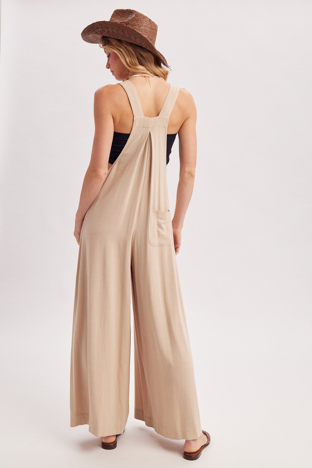 Beige Super Wide Leg Overall Jumpsuit