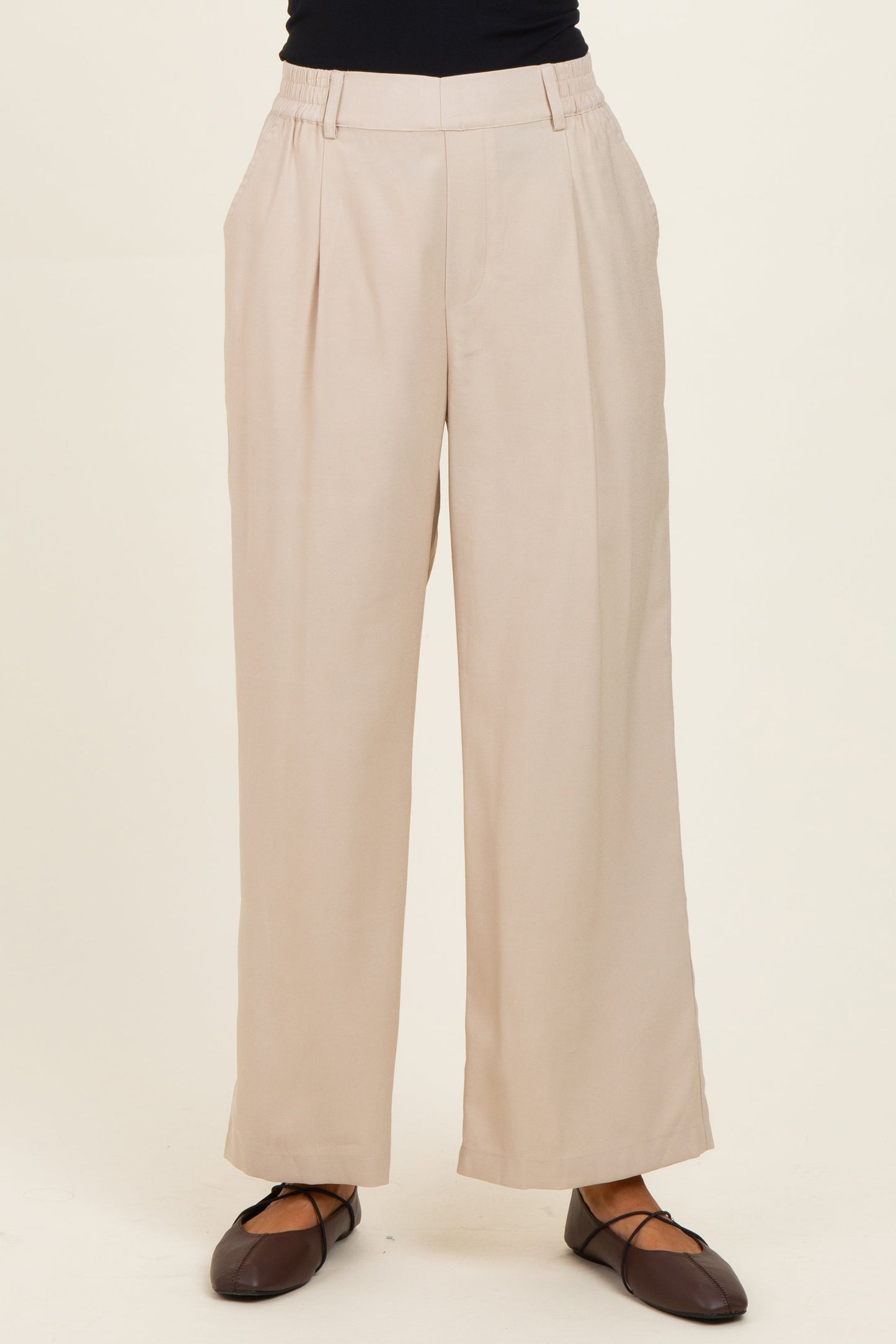 Beige Elastic Waistband Trousers