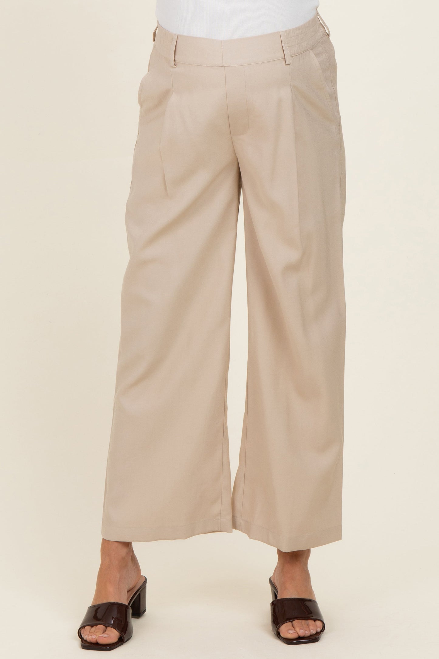Beige Elastic Waistband Maternity Trousers