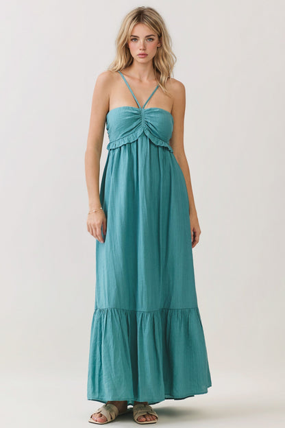 Aqua Teal Halter Neck Tiered Cutout Maxi Dress