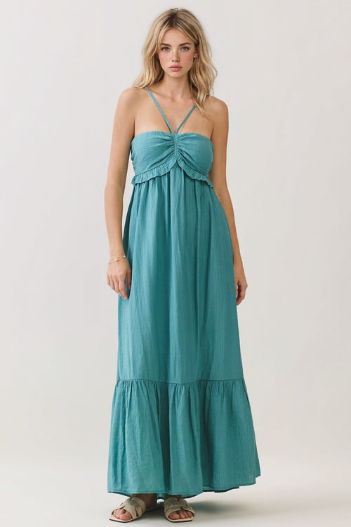Aqua Teal Halter Neck Tiered Cutout Maxi Dress