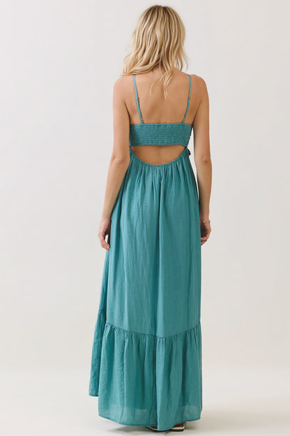 Aqua Teal Halter Neck Tiered Cutout Maxi Dress