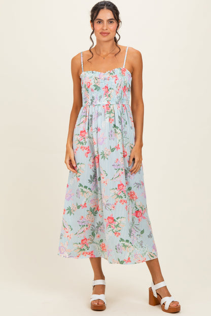 Aqua Multi Floral Print Smocked Chest Maxi Dress