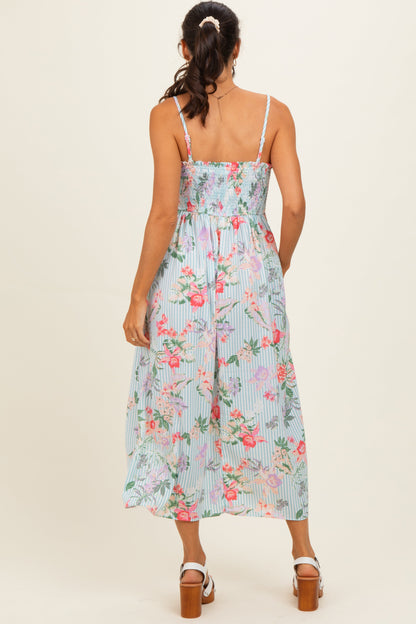 Aqua Multi Floral Print Smocked Chest Maxi Dress