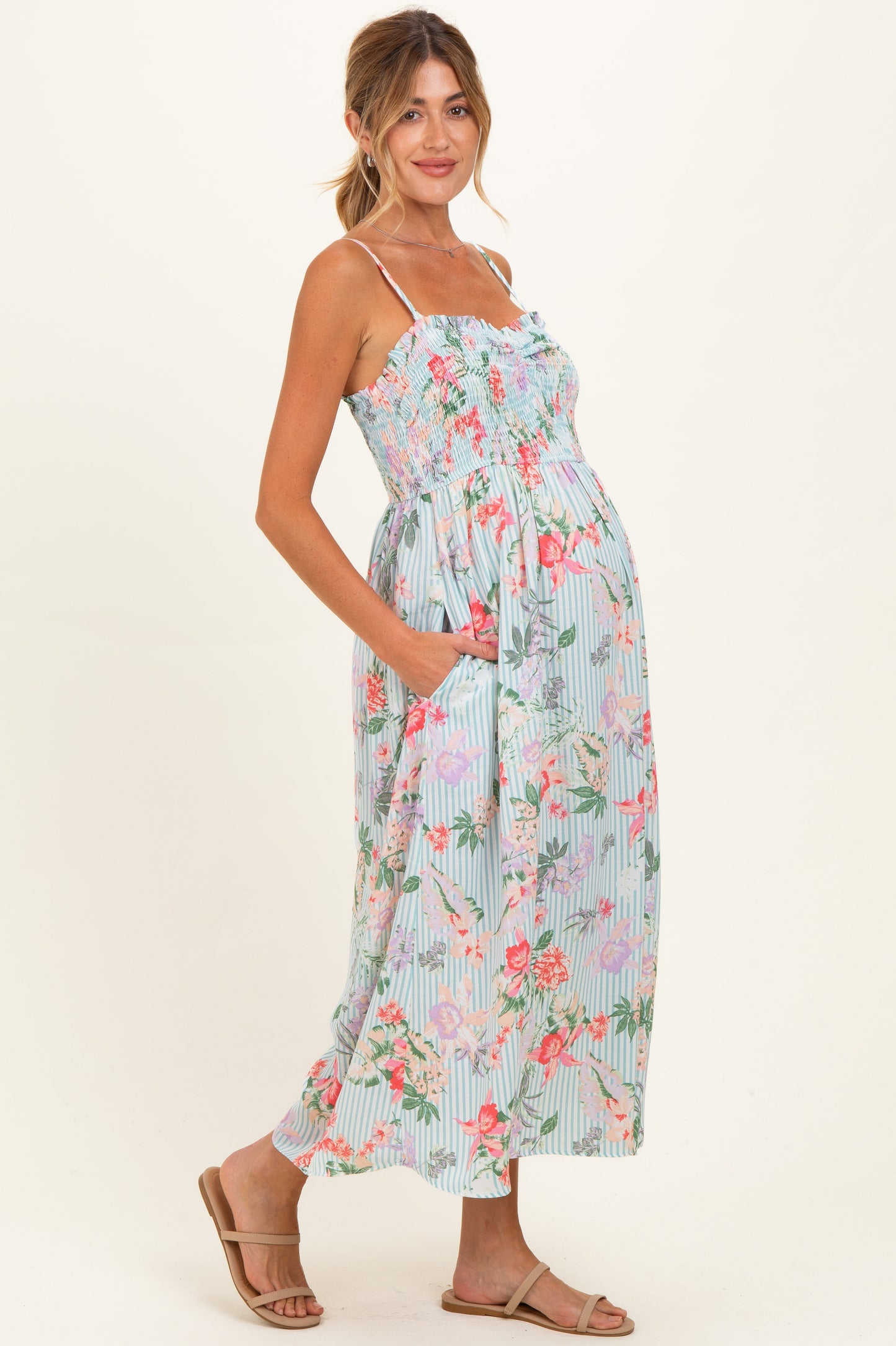Aqua Multi Floral Print Smocked Chest Maternity Maxi Dress