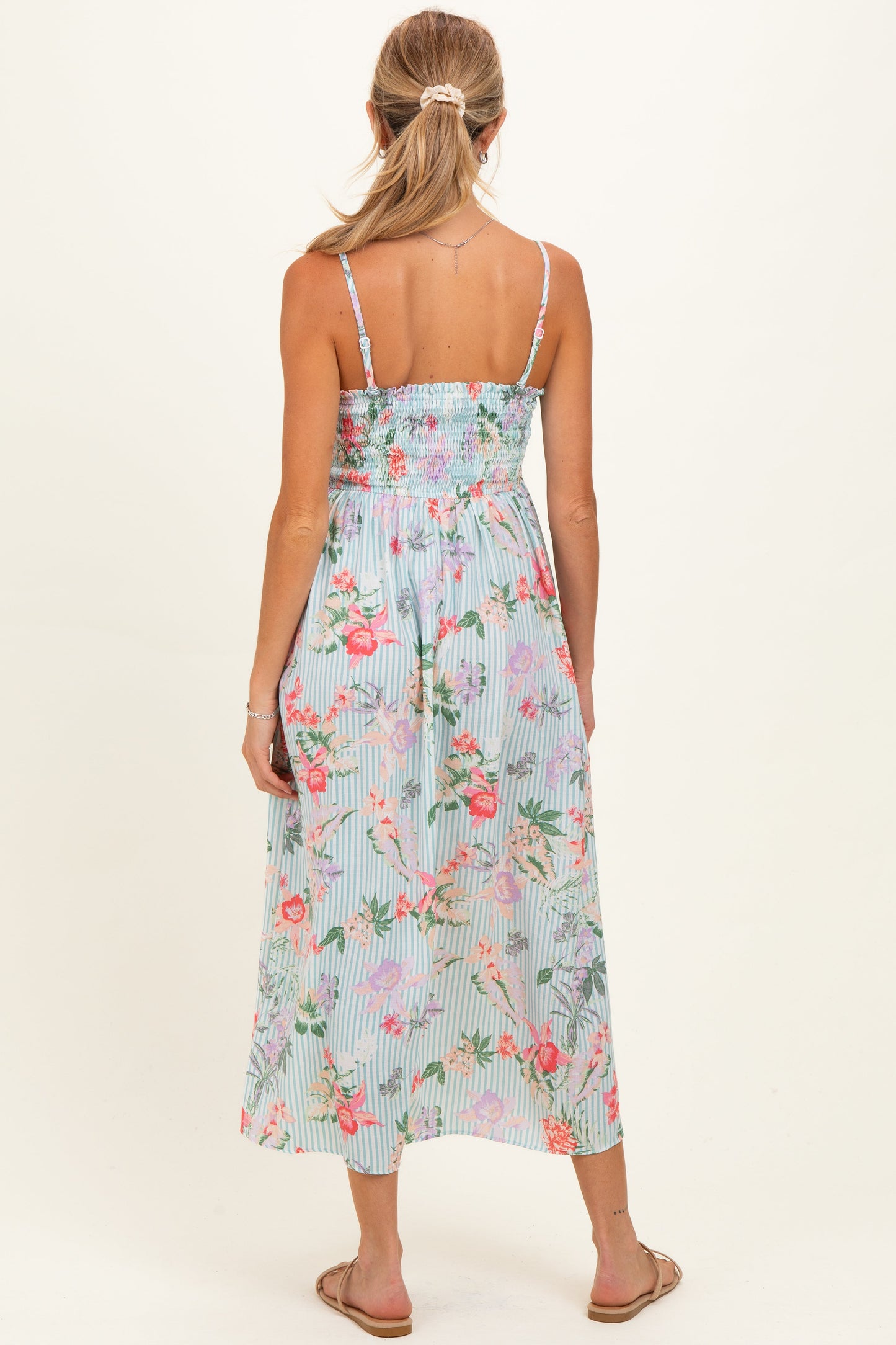 Aqua Multi Floral Print Smocked Chest Maternity Maxi Dress