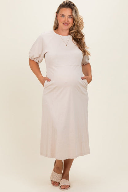 Beige Puff Sleeve Maternity Plus Midi Dress