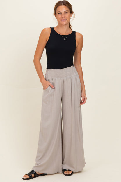 Beige Smocked Waistband Wide Leg Maternity Lounge Pants