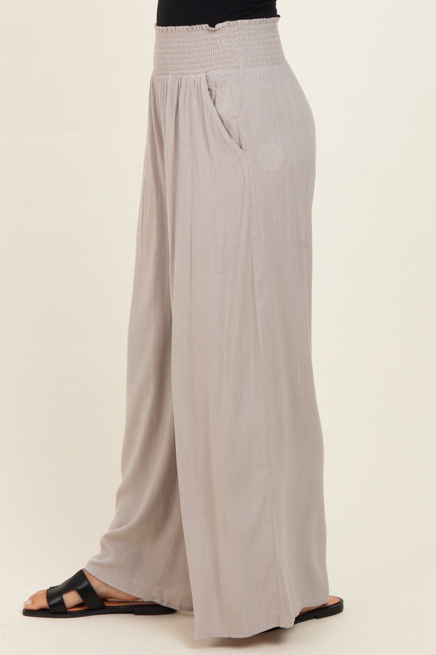 Beige Smocked Waistband Wide Leg Lounge Pants