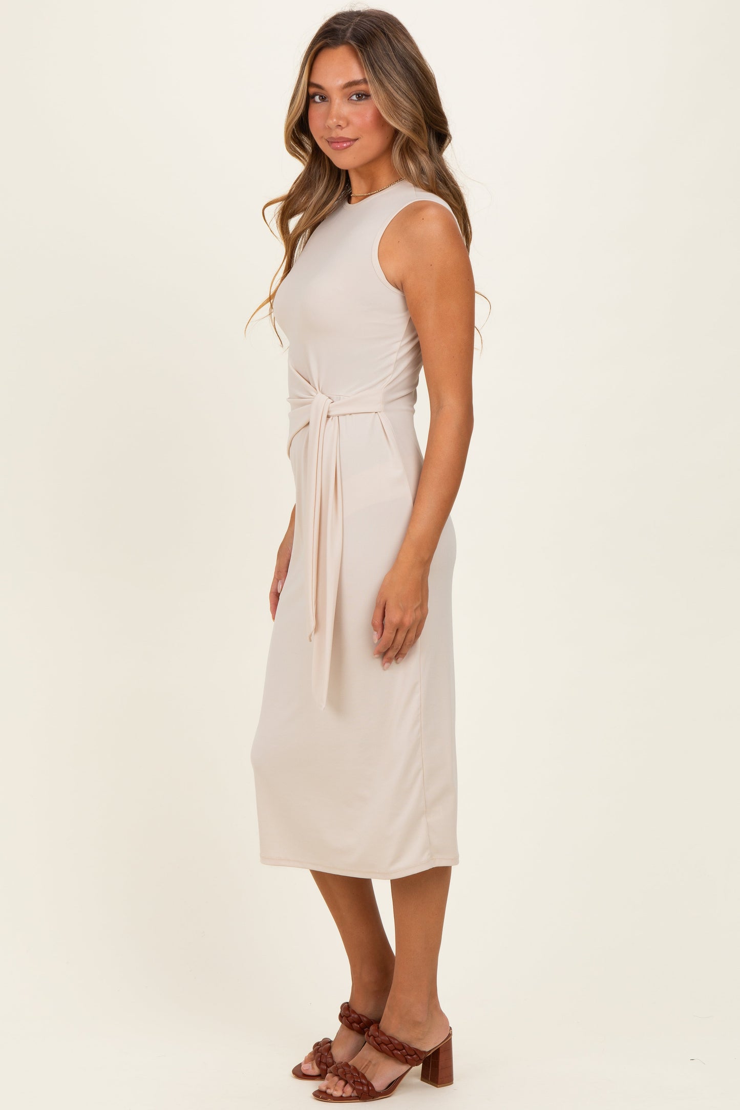 Beige Sleeveless Waist Tie Midi Dress