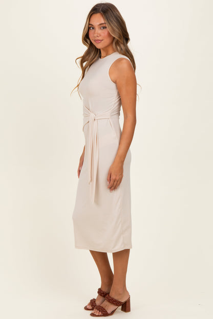 Beige Sleeveless Waist Tie Midi Dress