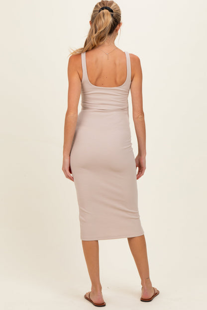 Beige Ribbed Square Neck Maternity Tank Dress