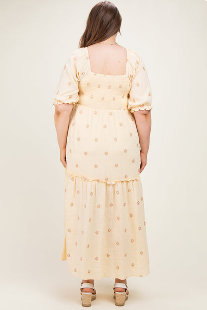 Beige Floral Embroidered Smocked Maternity Maxi Dress