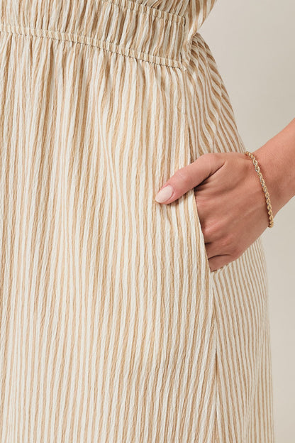 Beige Striped Sleeveless Cutout Maxi Dress