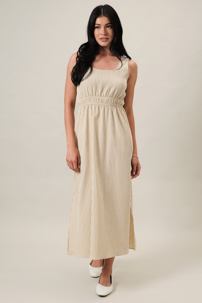 Beige Striped Sleeveless Cutout Maternity Maxi Dress