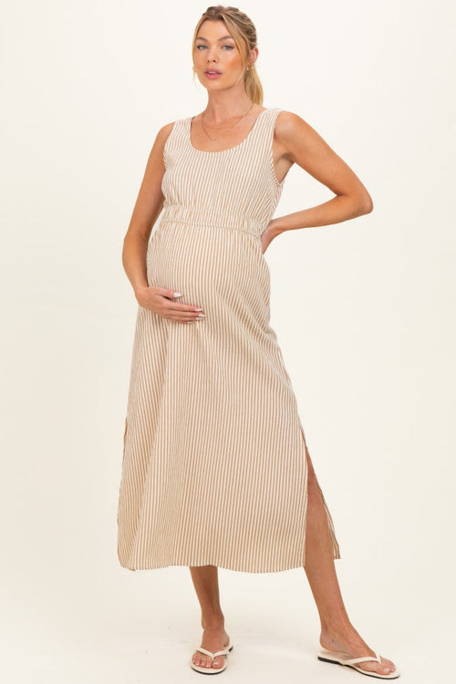 Beige Striped Sleeveless Cutout Maternity Maxi Dress