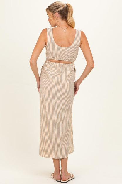 Beige Striped Sleeveless Cutout Maternity Maxi Dress