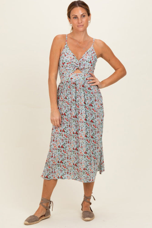 Aqua Floral Twisted Front Cutout Midi Dress