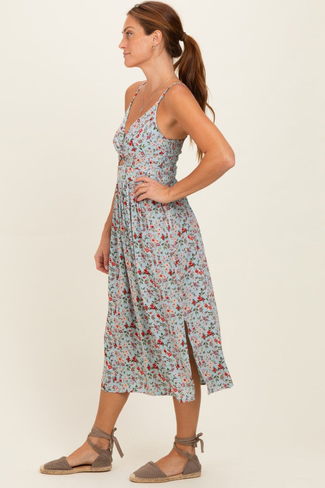 Aqua Floral Twisted Front Cutout Midi Dress