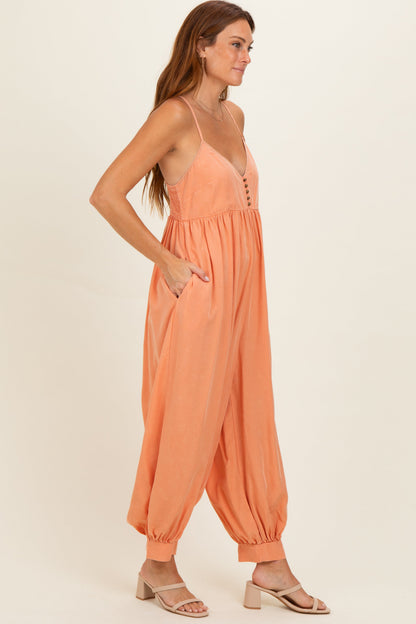 Apricot Mineral Wash Sleeveless V-Neck Jumpsuit