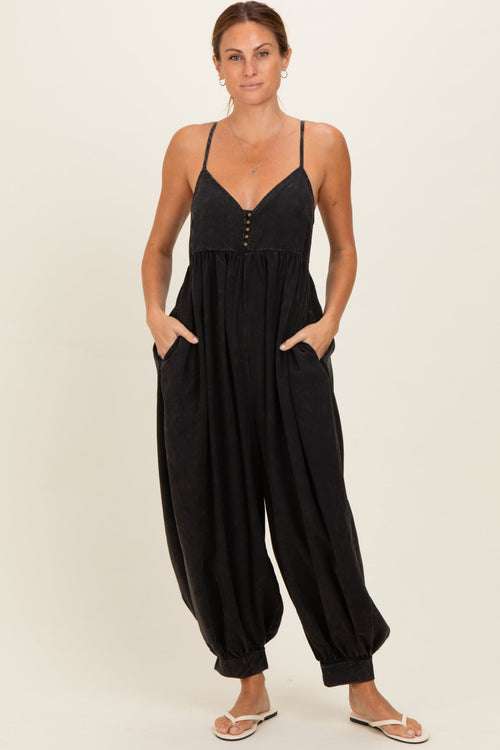 Ash Black Mineral Wash Sleeveless V-Neck Jumpsuit
