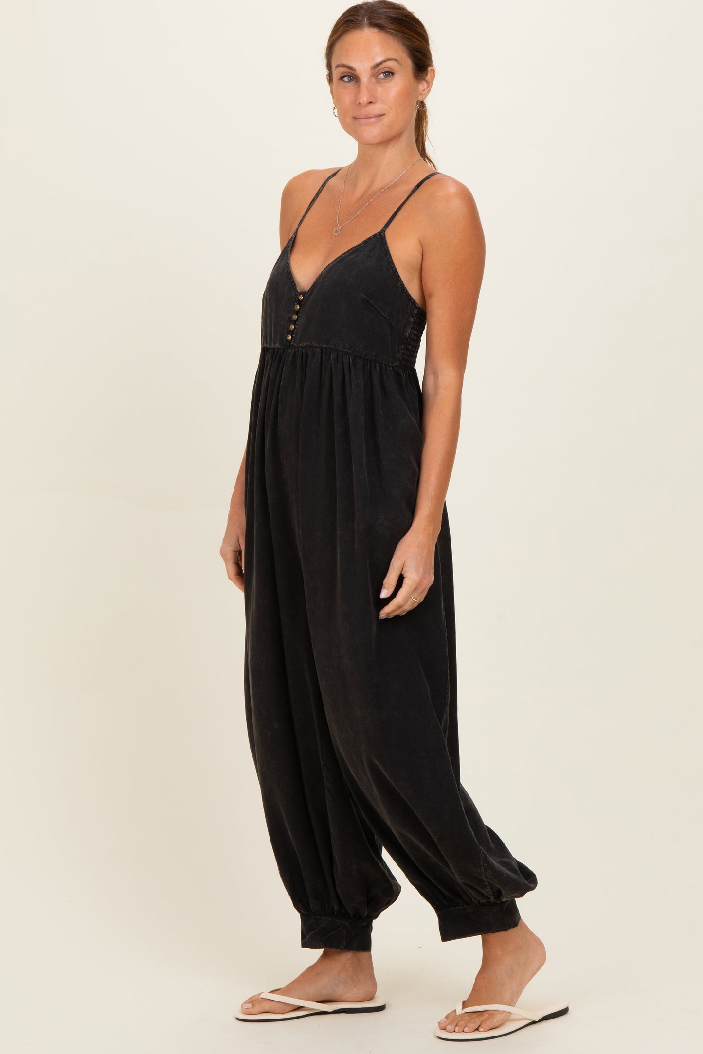 Ash Black Mineral Wash Sleeveless V-Neck Jumpsuit