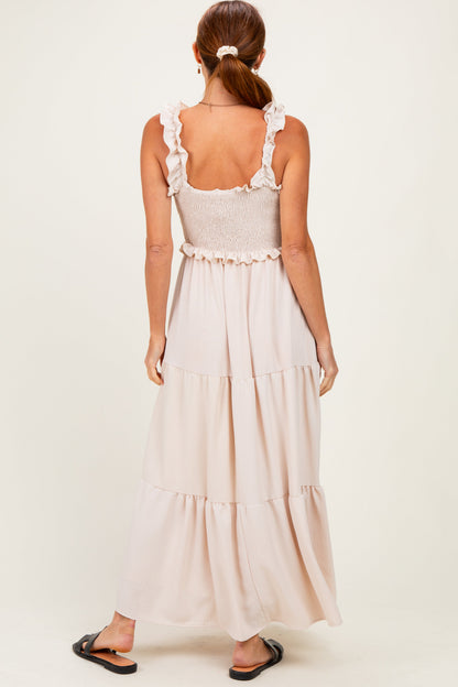 Beige Sleeveless Smocked Tiered Maxi Dress