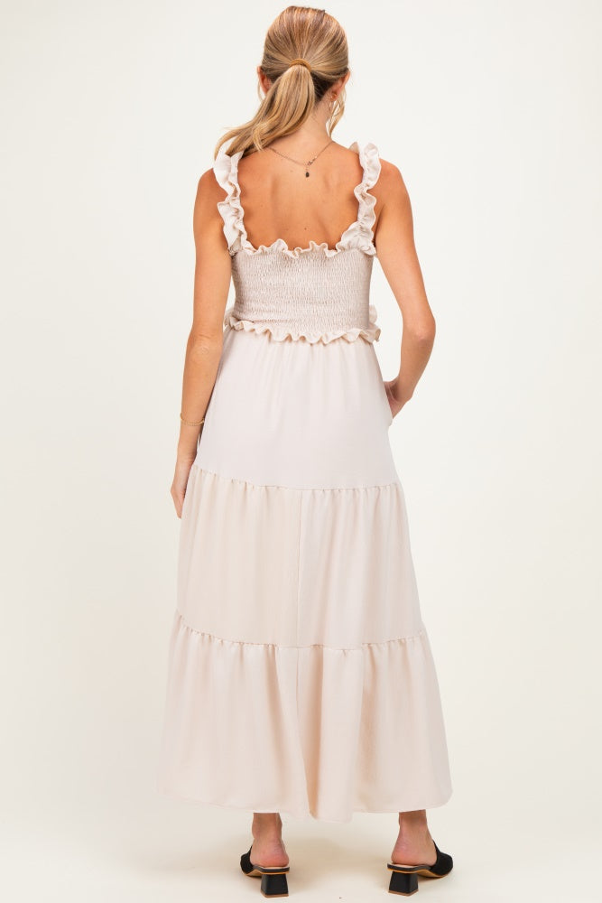 Beige Sleeveless Smocked Tiered Maxi Dress