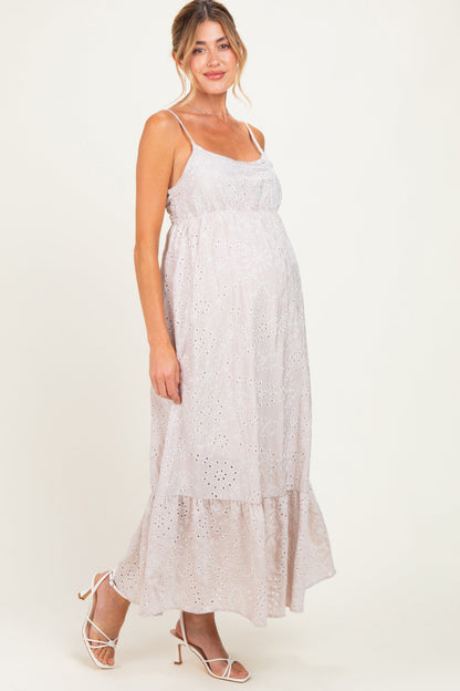 Beige Eyelet Lace Sleeveless Ruffle Hem Maternity Maxi Dress