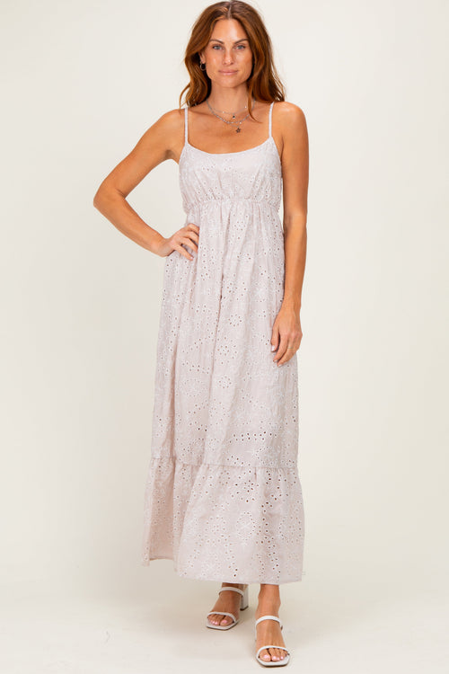 Beige Eyelet Lace Sleeveless Ruffle Hem Maxi Dress