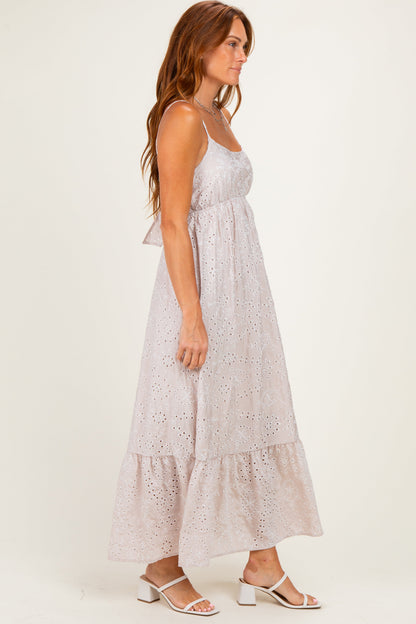 Beige Eyelet Lace Sleeveless Ruffle Hem Maxi Dress