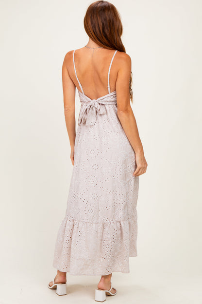 Beige Eyelet Lace Sleeveless Ruffle Hem Maxi Dress