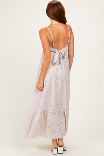 Beige Eyelet Lace Sleeveless Ruffle Hem Maxi Dress