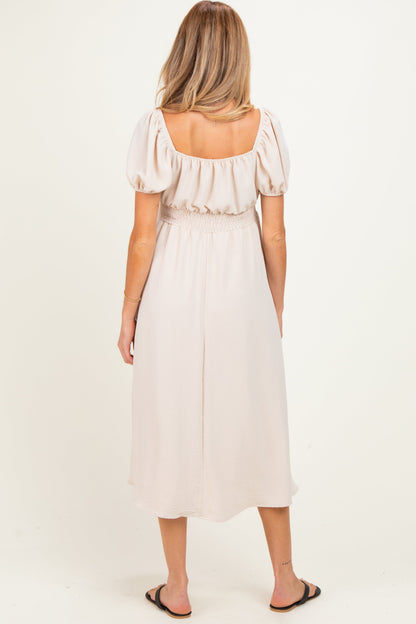 Beige Smocked Waist Short Sleeve Maternity Midi Dress