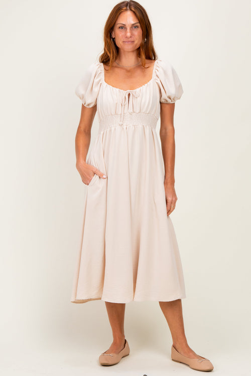 Beige Smocked Waist Short Sleeve Midi Dress