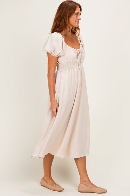 Beige Smocked Waist Short Sleeve Midi Dress