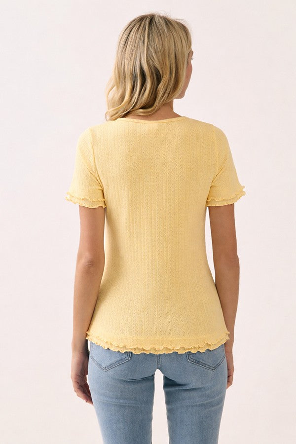 Banana Ruffle Trim Pointelle Knit Henley Top