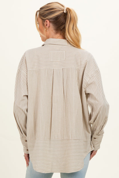 Beige Oversized Striped Button Down Long Sleeve Maternity Shirt