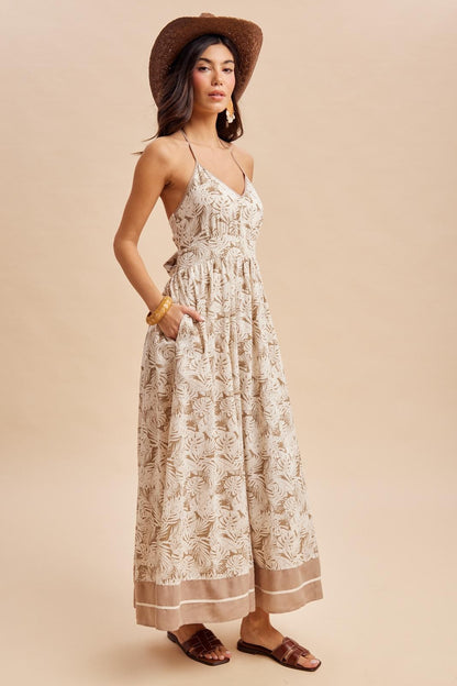 Beige Printed Cutout Tie Back Maxi Dress