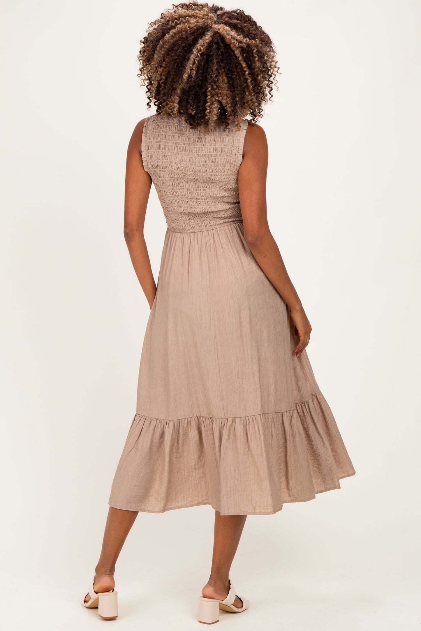 Beige Smocked And Tiered Maternity Maxi Dress