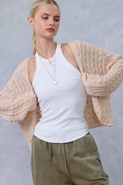 Beige Dolman Sleeve Boho Cable Knit Cardigan