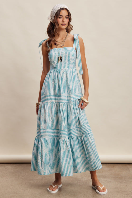 Aqua Striped Shoulder Tie Tiered Maxi Dress
