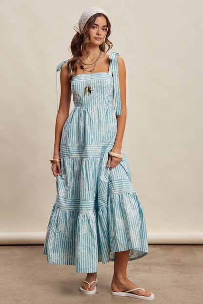 Aqua Striped Shoulder Tie Tiered Maxi Dress