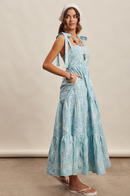 Aqua Striped Shoulder Tie Tiered Maxi Dress