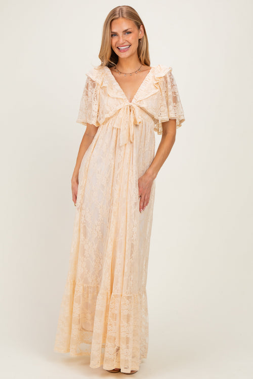 Beige Lace Flutter Sleeve Tiered Maxi Dress