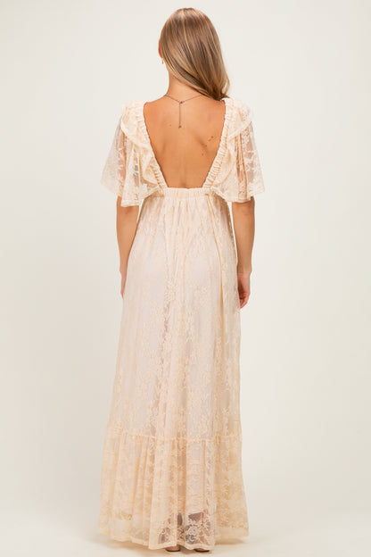 Beige Lace Flutter Sleeve Tiered Maxi Dress