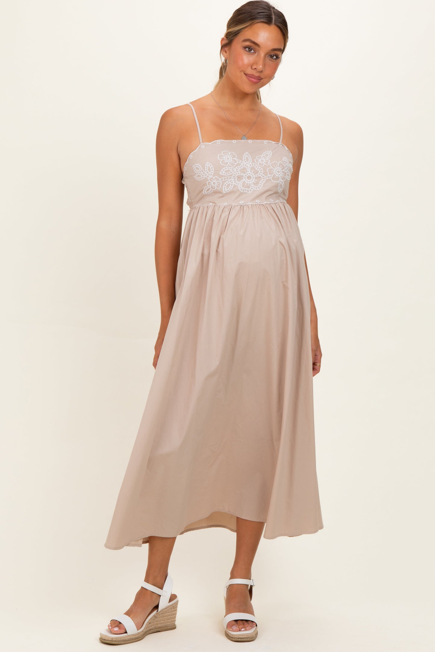 Beige Floral Embroidered Back Cut Out Maternity Maxi Dress