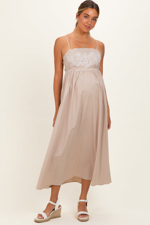 Beige Floral Embroidered Back Cut Out Maternity Maxi Dress