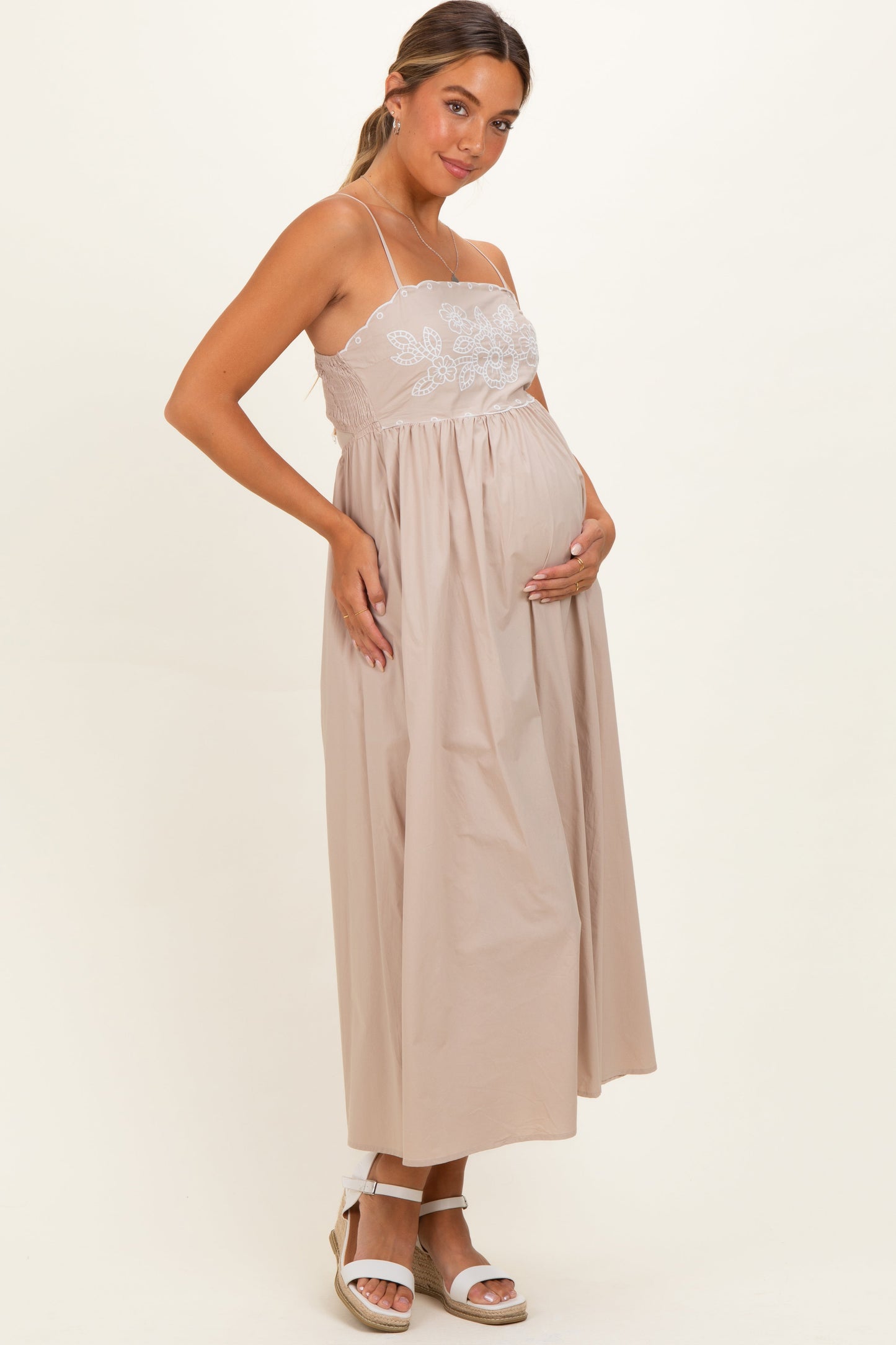 Beige Floral Embroidered Back Cut Out Maternity Maxi Dress