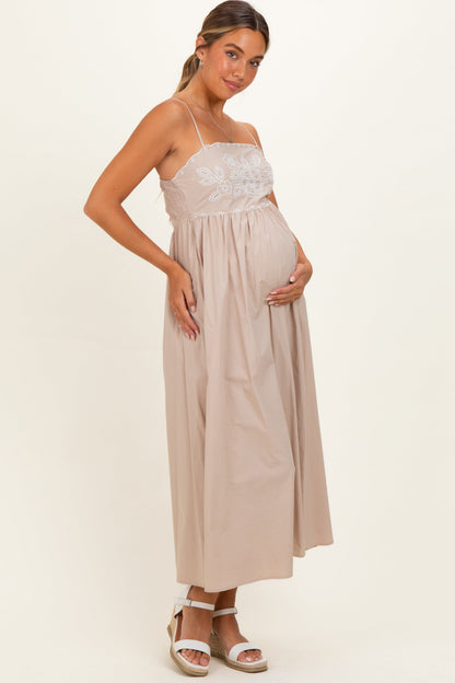 Beige Floral Embroidered Back Cut Out Maternity Maxi Dress